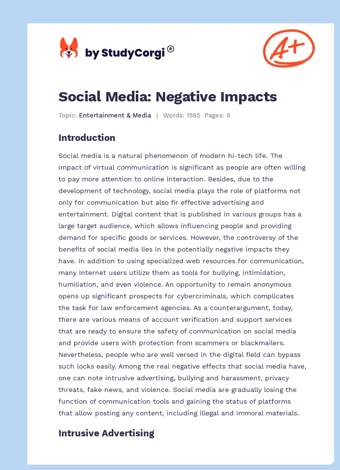 Social Media: Negative Impacts. Page 1