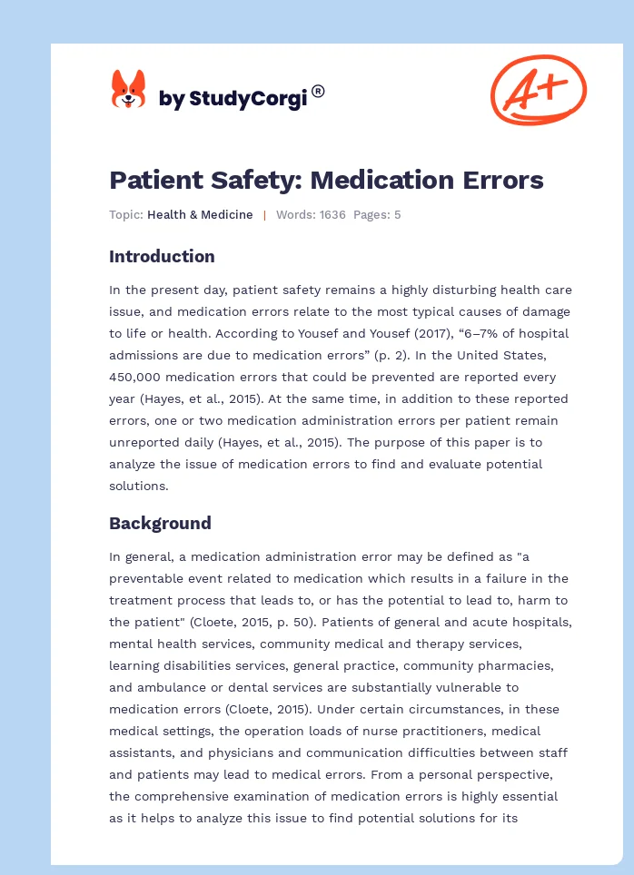 Patient Safety: Medication Errors. Page 1