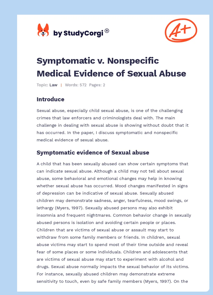 Symptomatic v. Nonspecific Medical Evidence of Sexual Abuse. Page 1