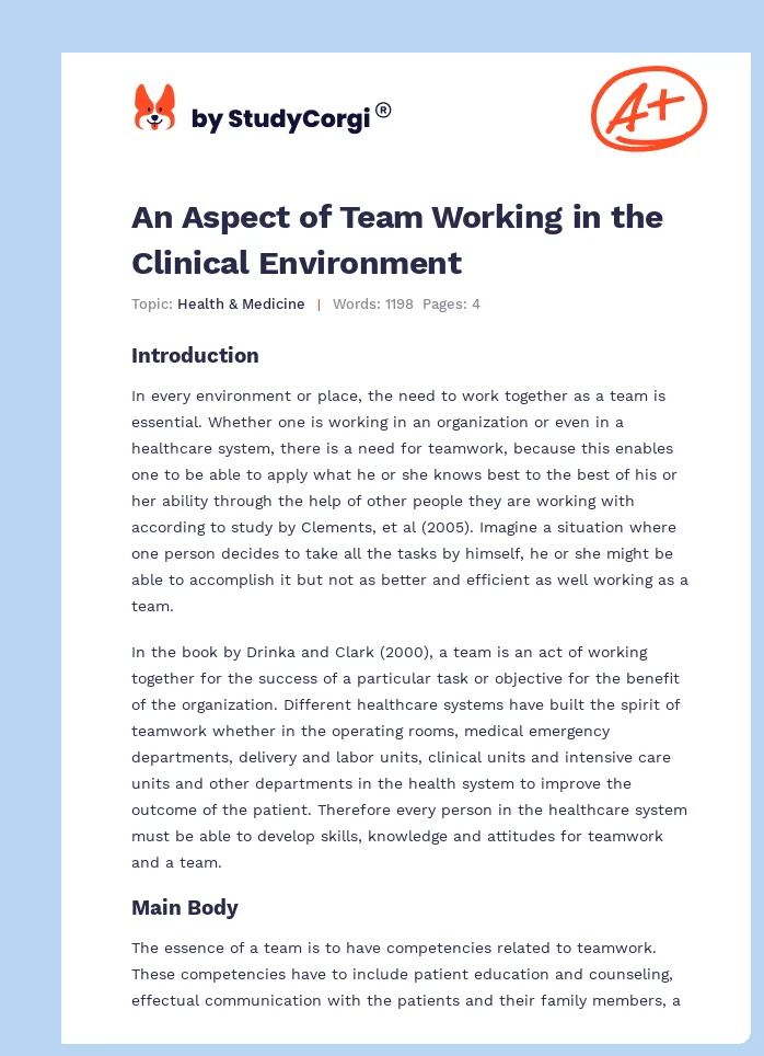 An Aspect of Team Working in the Clinical Environment. Page 1
