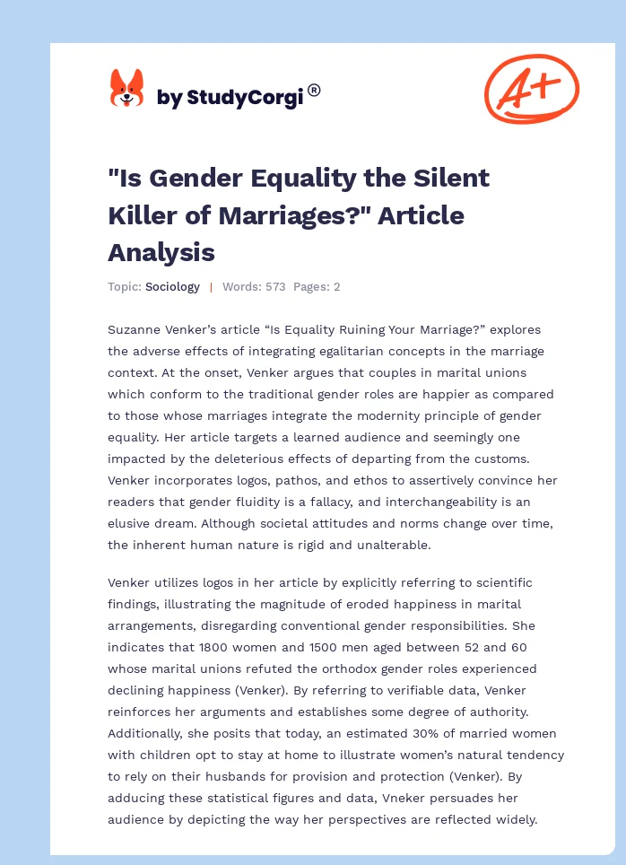 "Is Gender Equality the Silent Killer of Marriages?" Article Analysis. Page 1