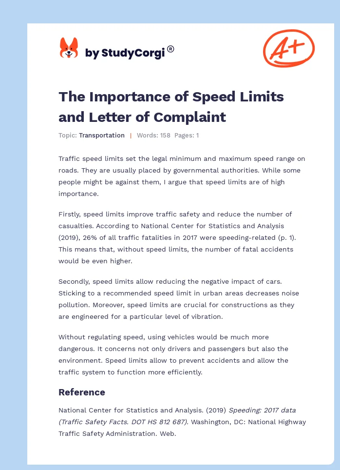 The Importance of Speed Limits and Letter of Complaint. Page 1