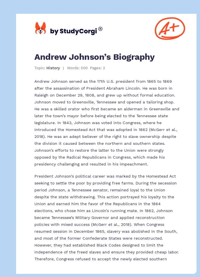 Andrew Johnson’s Biography. Page 1