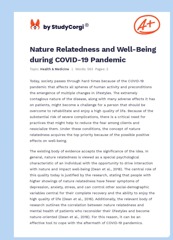 Nature Relatedness and Well-Being during COVID-19 Pandemic. Page 1
