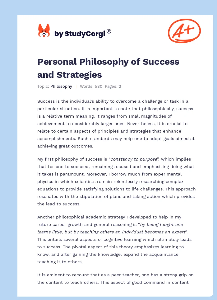 Personal Philosophy of Success and Strategies. Page 1