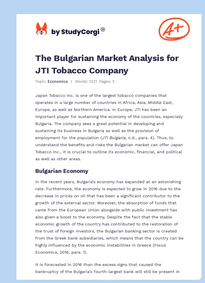 The Bulgarian Market Analysis for JTI Tobacco Company. Page 1