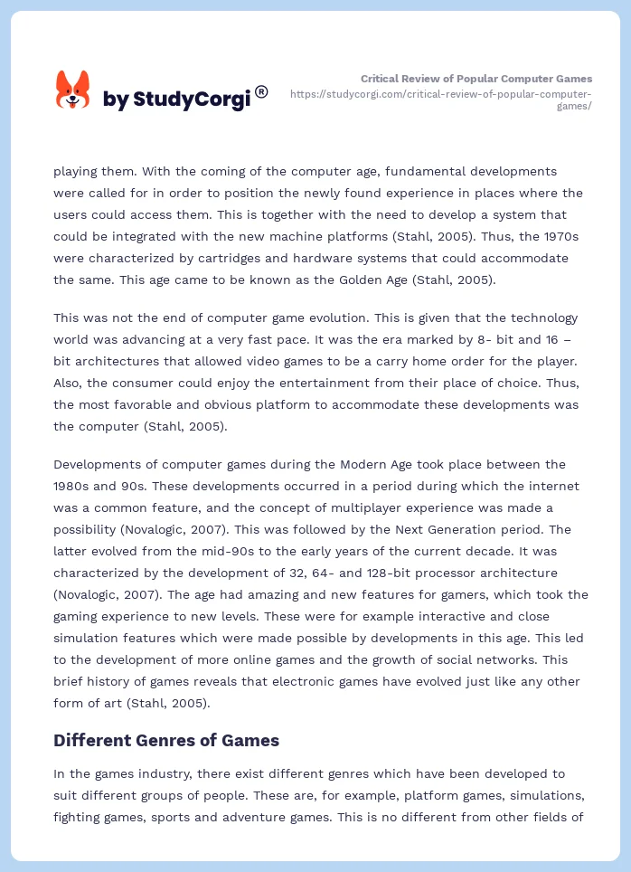 Critical Review of Popular Computer Games. Page 2
