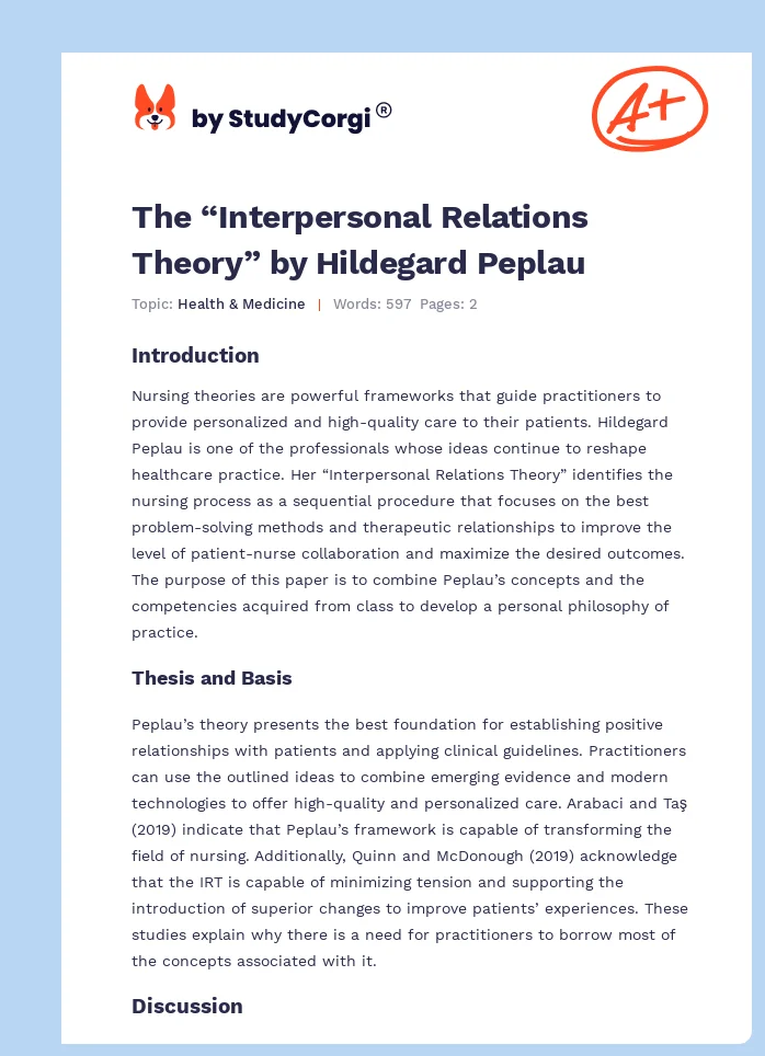 The “Interpersonal Relations Theory” by Hildegard Peplau. Page 1