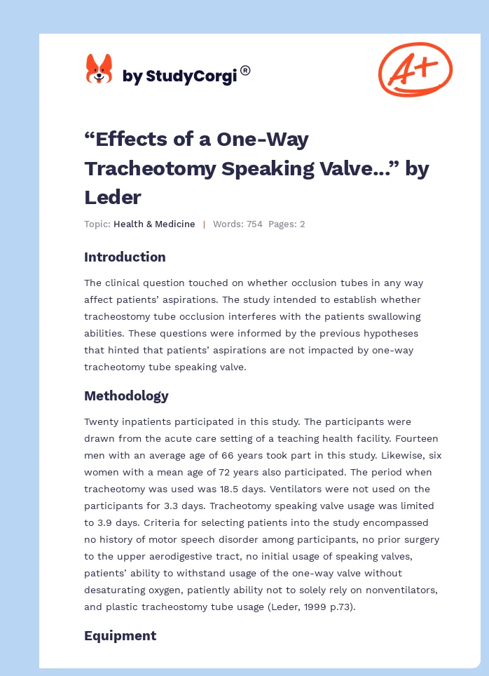 “Effects of a One-Way Tracheotomy Speaking Valve...” by Leder. Page 1