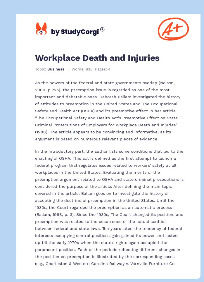 Workplace Death and Injuries. Page 1
