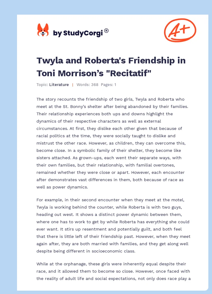 Twyla and Roberta's Friendship in Toni Morrison’s "Recitatif". Page 1