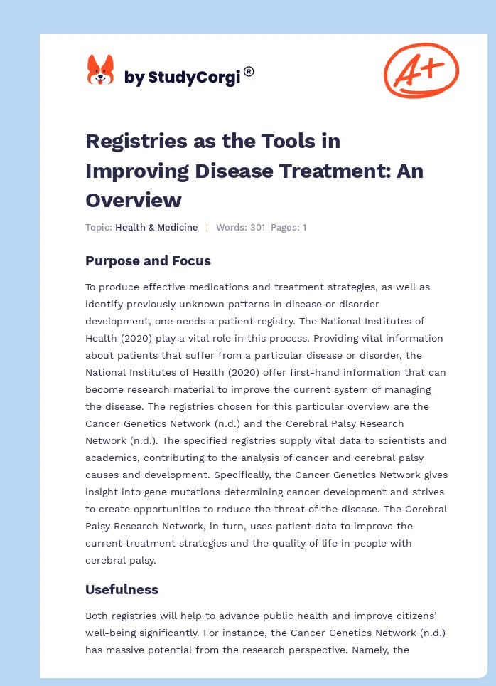 Registries as the Tools in Improving Disease Treatment: An Overview. Page 1
