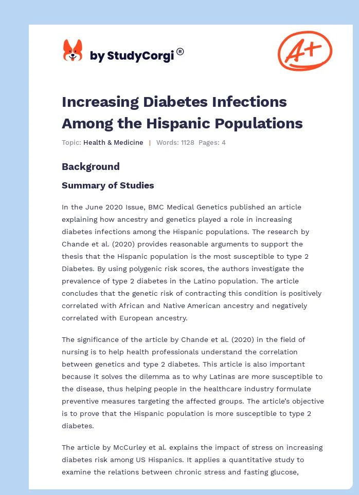 Increasing Diabetes Infections Among the Hispanic Populations. Page 1