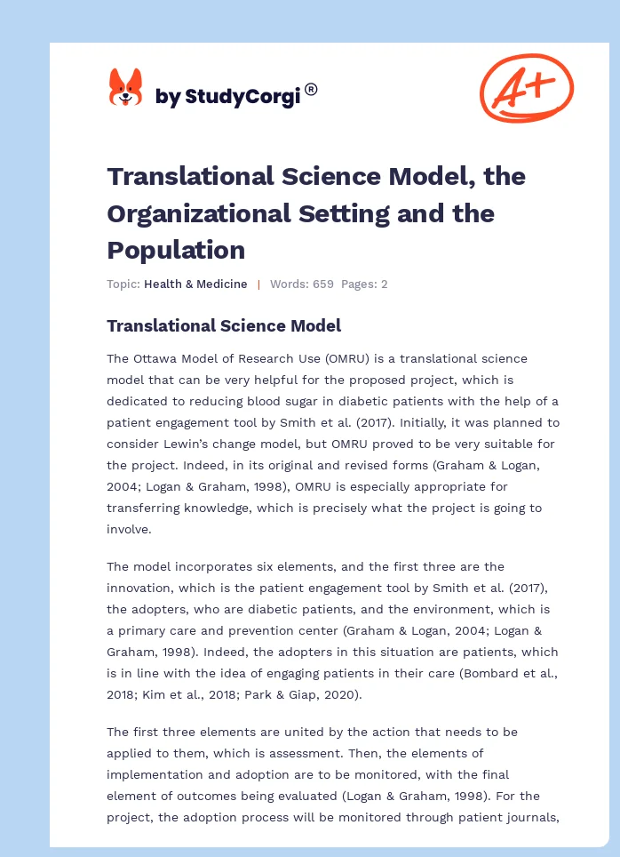 Translational Science Model, the Organizational Setting and the Population. Page 1