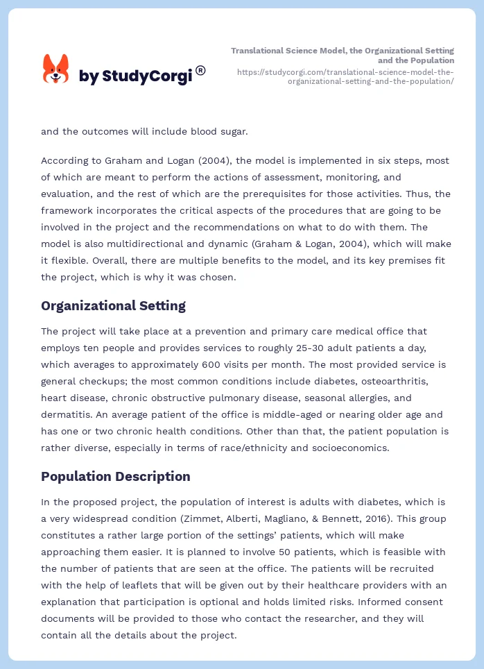 Translational Science Model, the Organizational Setting and the Population. Page 2