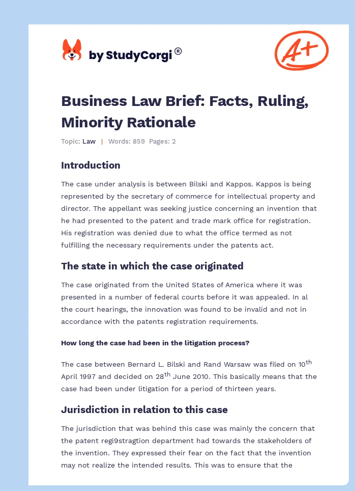 Business Law Brief: Facts, Ruling, Minority Rationale. Page 1