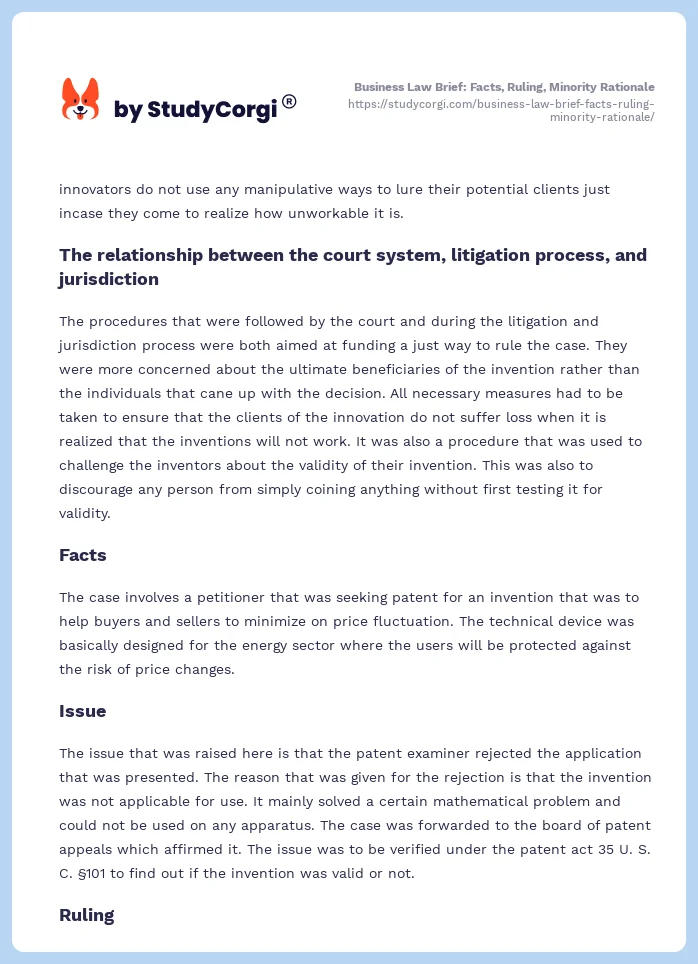 Business Law Brief: Facts, Ruling, Minority Rationale. Page 2