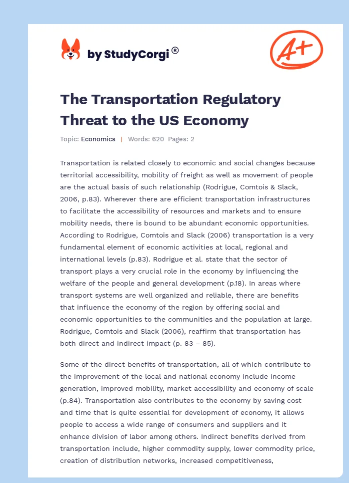 The Transportation Regulatory Threat to the US Economy. Page 1