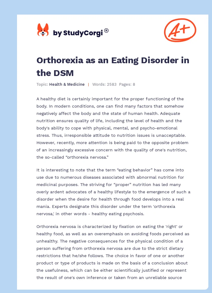 Orthorexia as an Eating Disorder in the DSM. Page 1