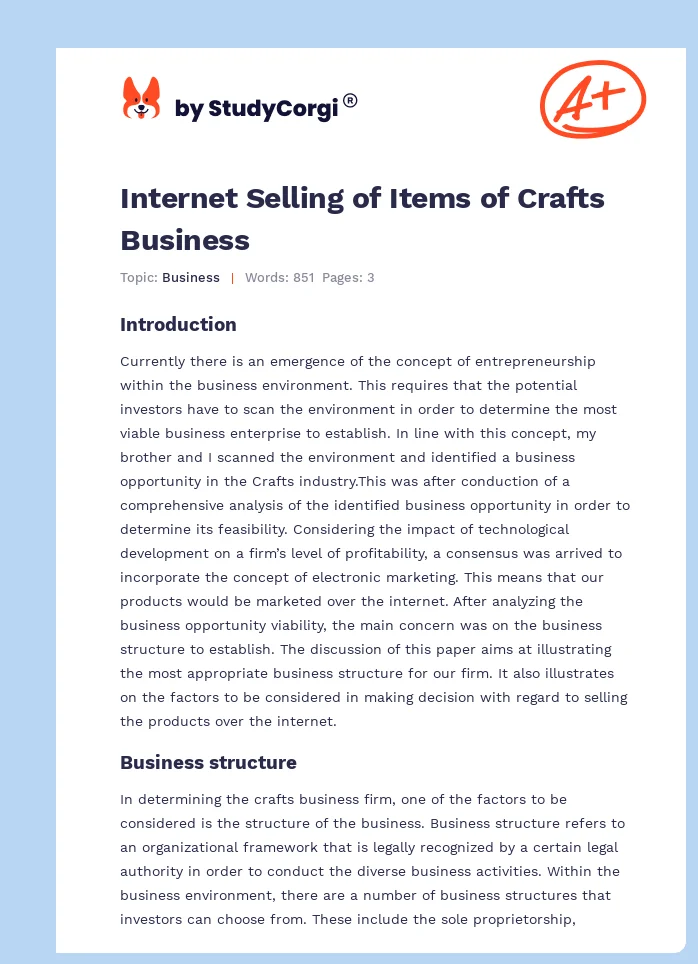 Internet Selling of Items of Crafts Business. Page 1