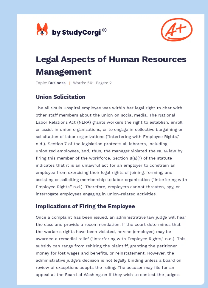 Legal Aspects of Human Resources Management. Page 1