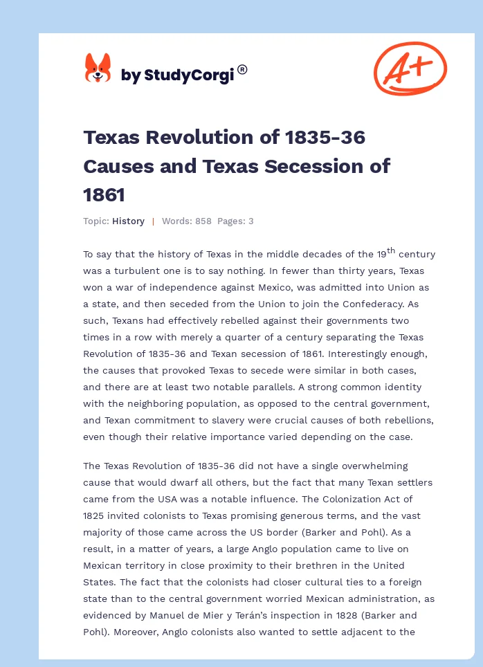 Texas Revolution of 1835-36 Causes and Texas Secession of 1861. Page 1