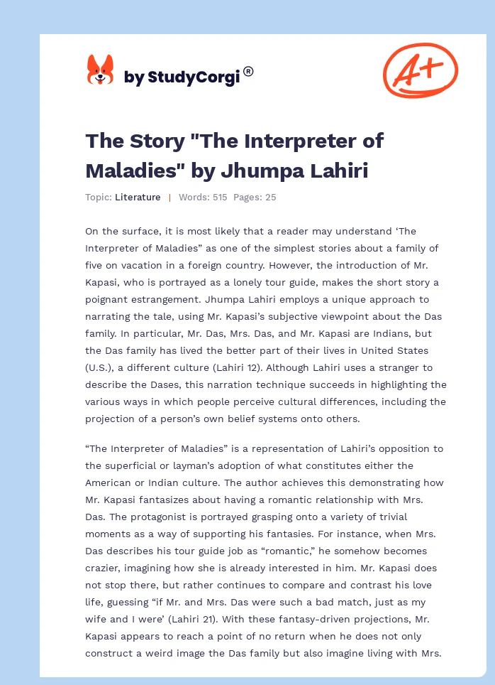 The Story "The Interpreter of Maladies" by Jhumpa Lahiri. Page 1