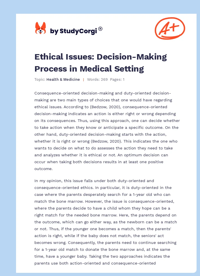 Ethical Issues: Decision-Making Process in Medical Setting. Page 1