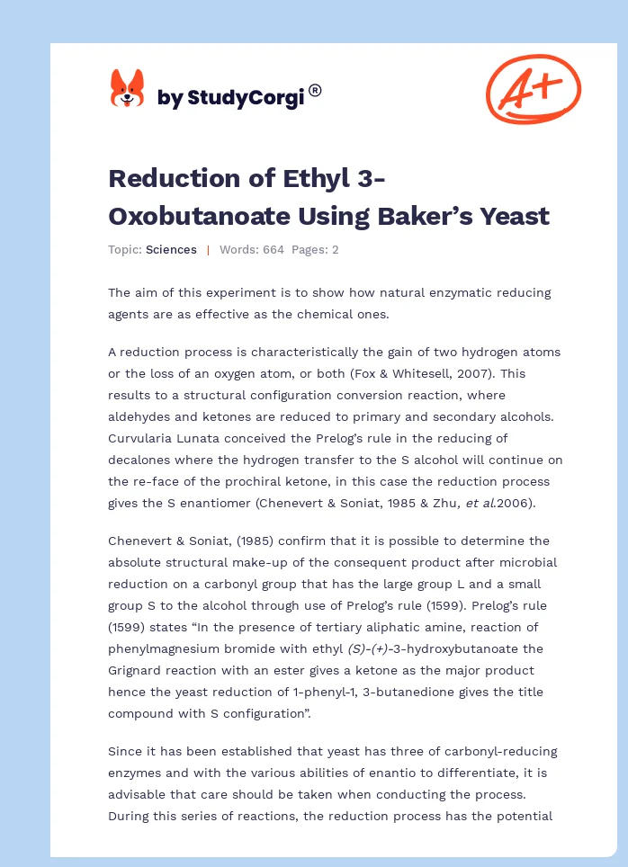 Reduction of Ethyl 3-Oxobutanoate Using Baker’s Yeast. Page 1