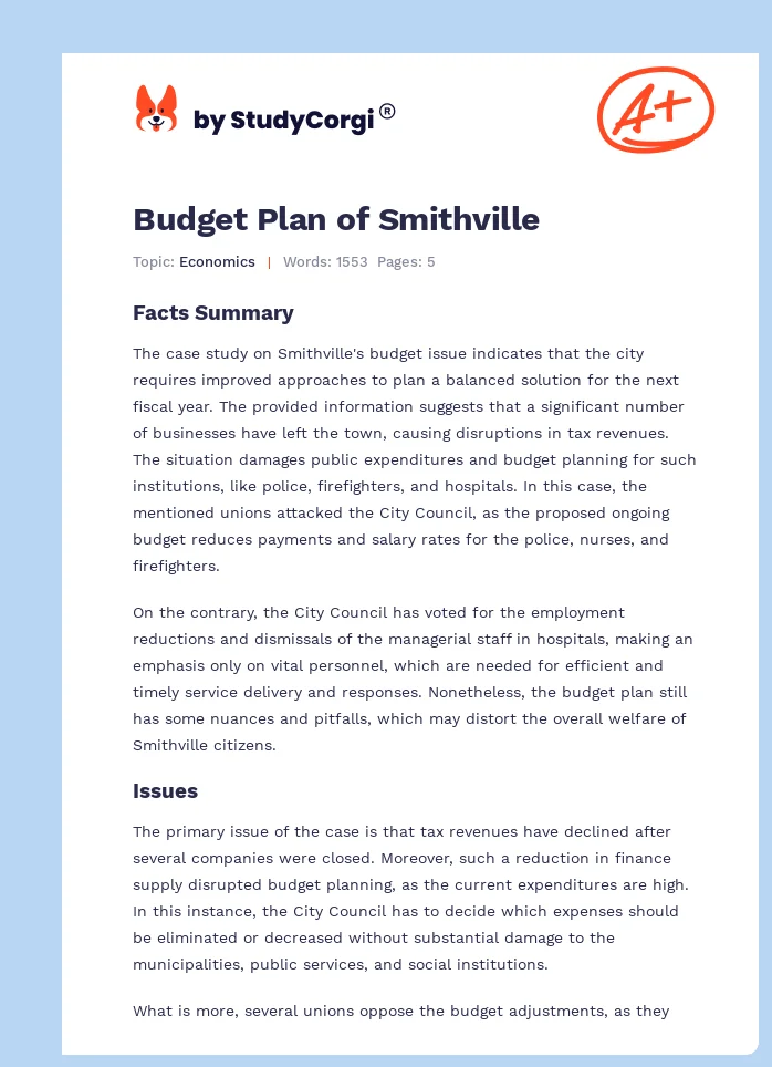 Budget Plan of Smithville. Page 1