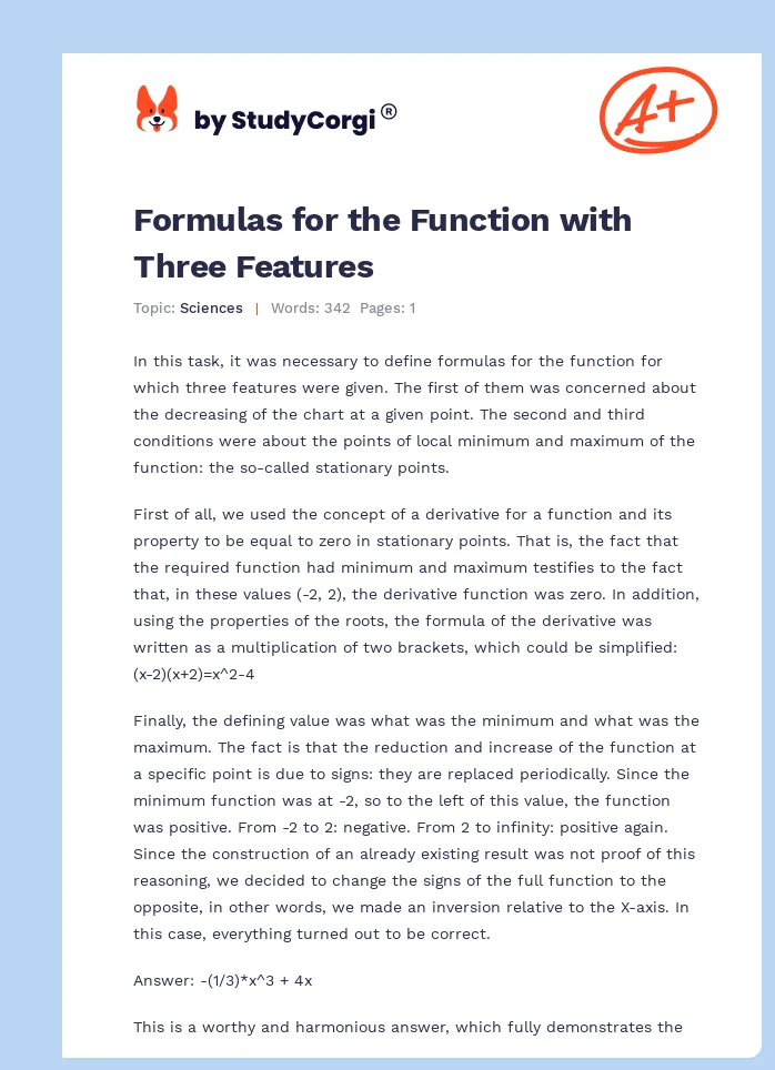 Formulas for the Function with Three Features. Page 1