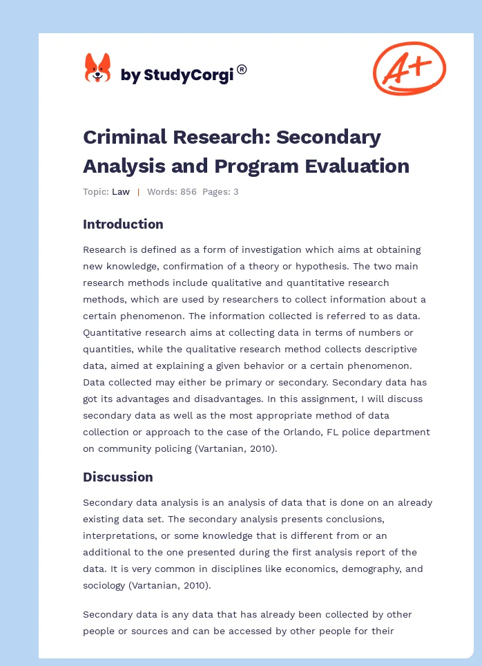 Criminal Research: Secondary Analysis and Program Evaluation. Page 1