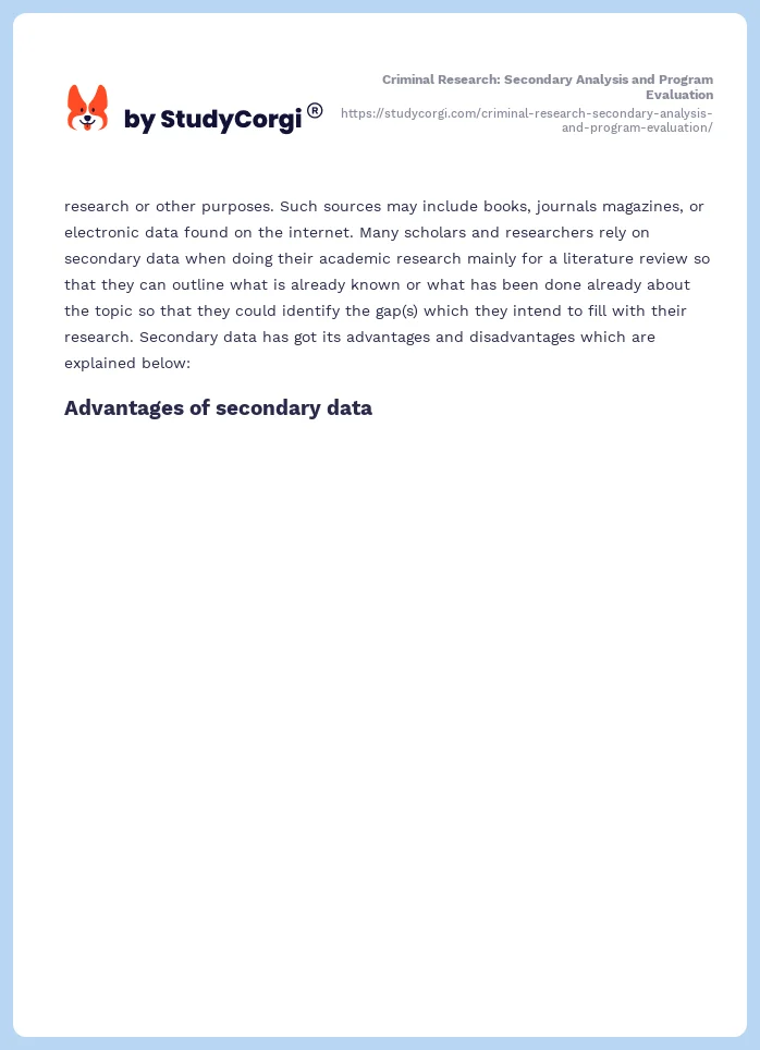 Criminal Research: Secondary Analysis and Program Evaluation. Page 2