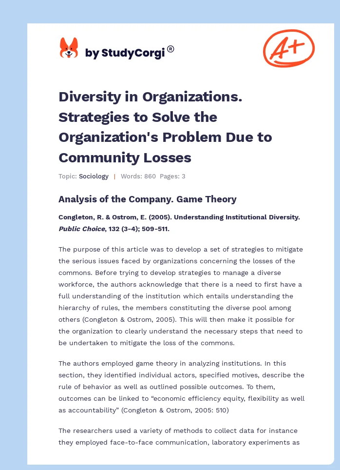 Diversity in Organizations. Strategies to Solve the Organization's Problem Due to Community Losses. Page 1