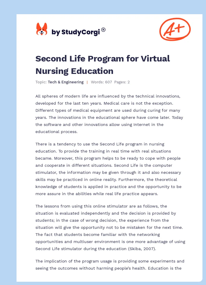 Second Life Program for Virtual Nursing Education. Page 1