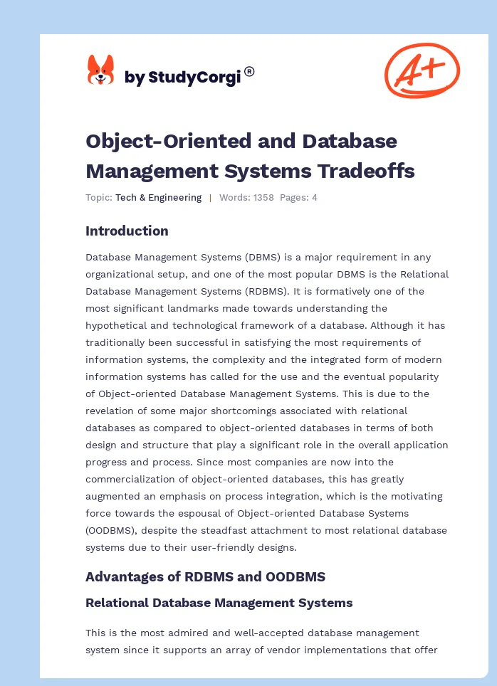 Object-Oriented and Database Management Systems Tradeoffs. Page 1