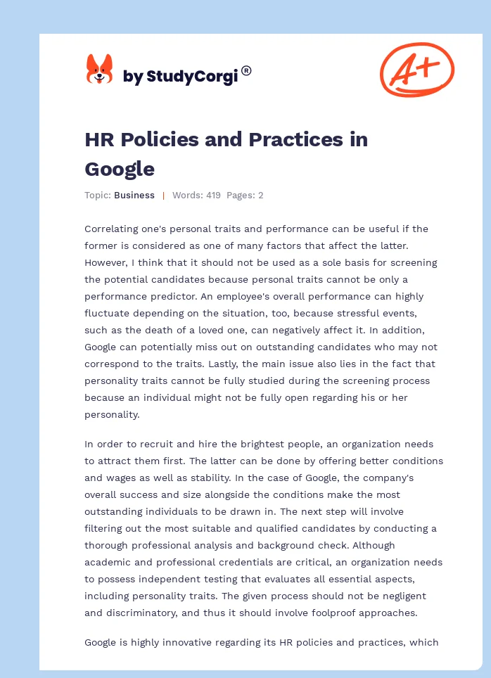HR Policies and Practices in Google. Page 1