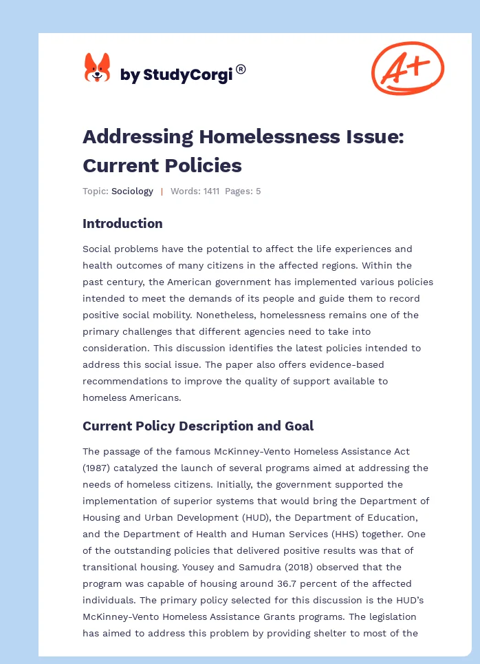 Addressing Homelessness Issue: Current Policies. Page 1
