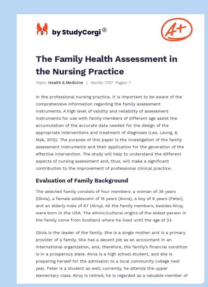 The Family Health Assessment in the Nursing Practice. Page 1