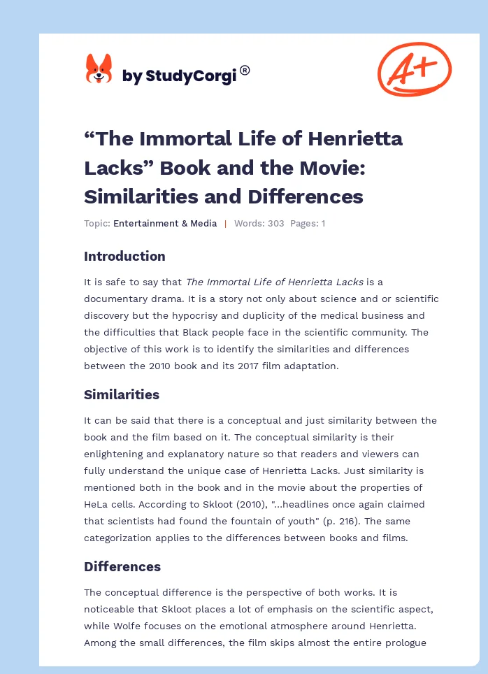 “The Immortal Life of Henrietta Lacks” Book and the Movie: Similarities and Differences. Page 1