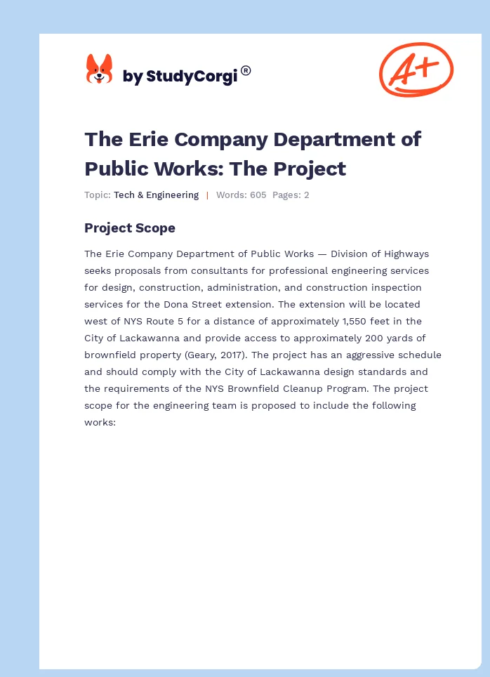 The Erie Company Department of Public Works: The Project. Page 1