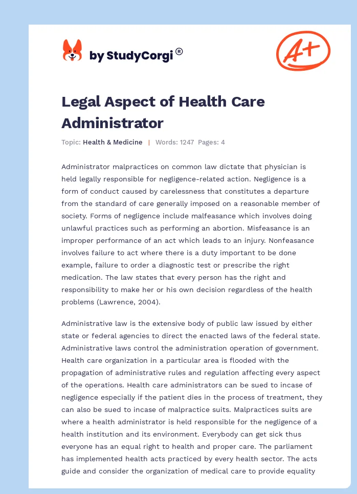 Legal Aspect of Health Care Administrator. Page 1