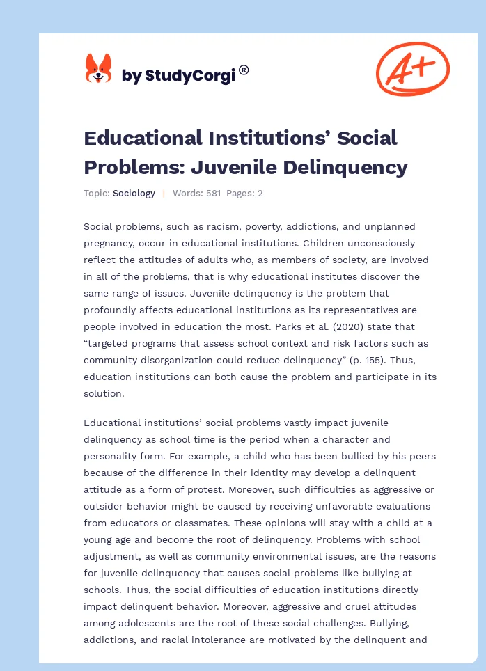 Educational Institutions’ Social Problems: Juvenile Delinquency. Page 1