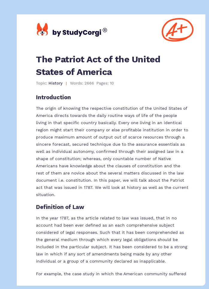 The Patriot Act of the United States of America. Page 1