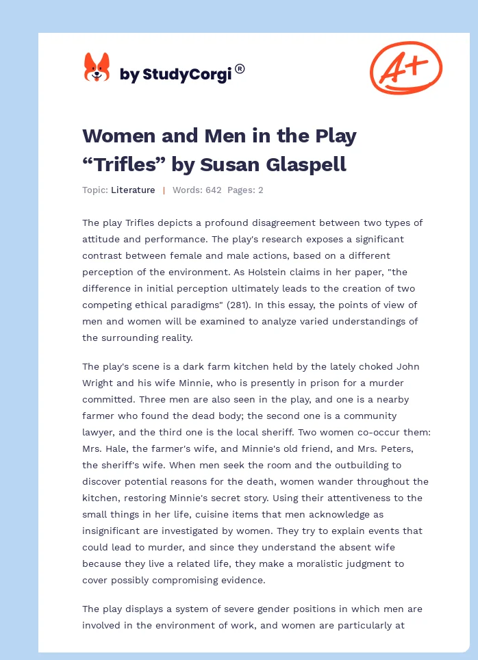 Women and Men in the Play “Trifles” by Susan Glaspell. Page 1