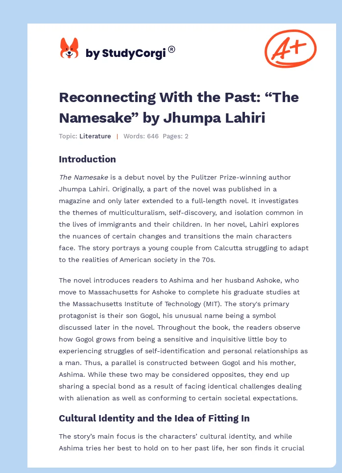 Reconnecting With the Past: “The Namesake” by Jhumpa Lahiri. Page 1