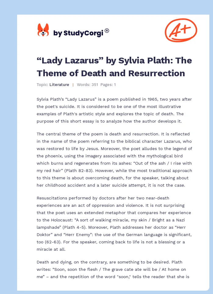 “Lady Lazarus” by Sylvia Plath: The Theme of Death and Resurrection. Page 1