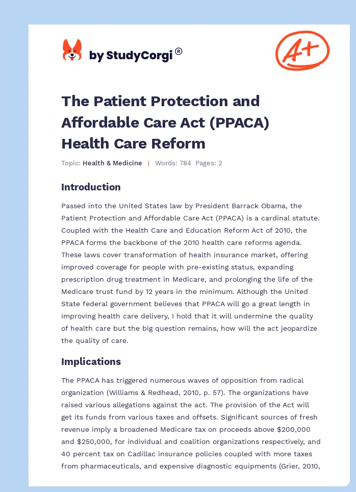The Patient Protection and Affordable Care Act (PPACA) Health Care Reform. Page 1