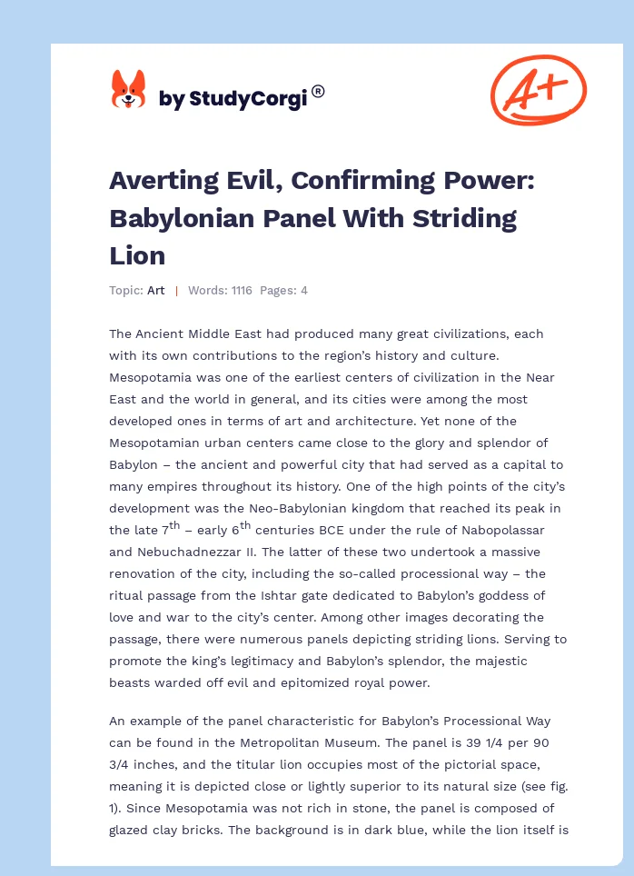 Averting Evil, Confirming Power: Babylonian Panel With Striding Lion. Page 1