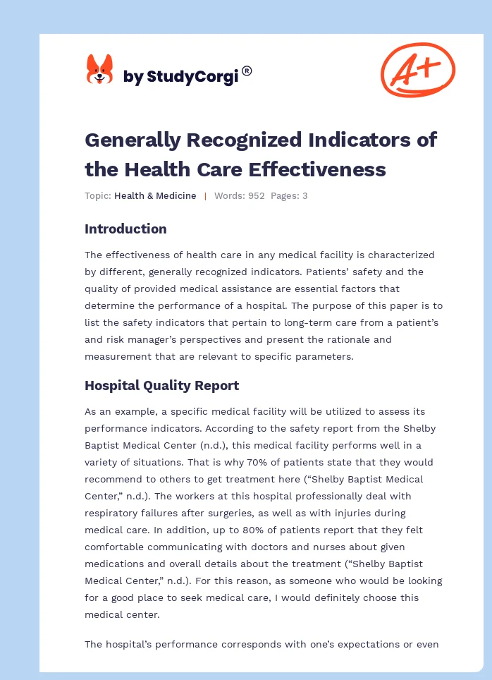 Generally Recognized Indicators of the Health Care Effectiveness. Page 1